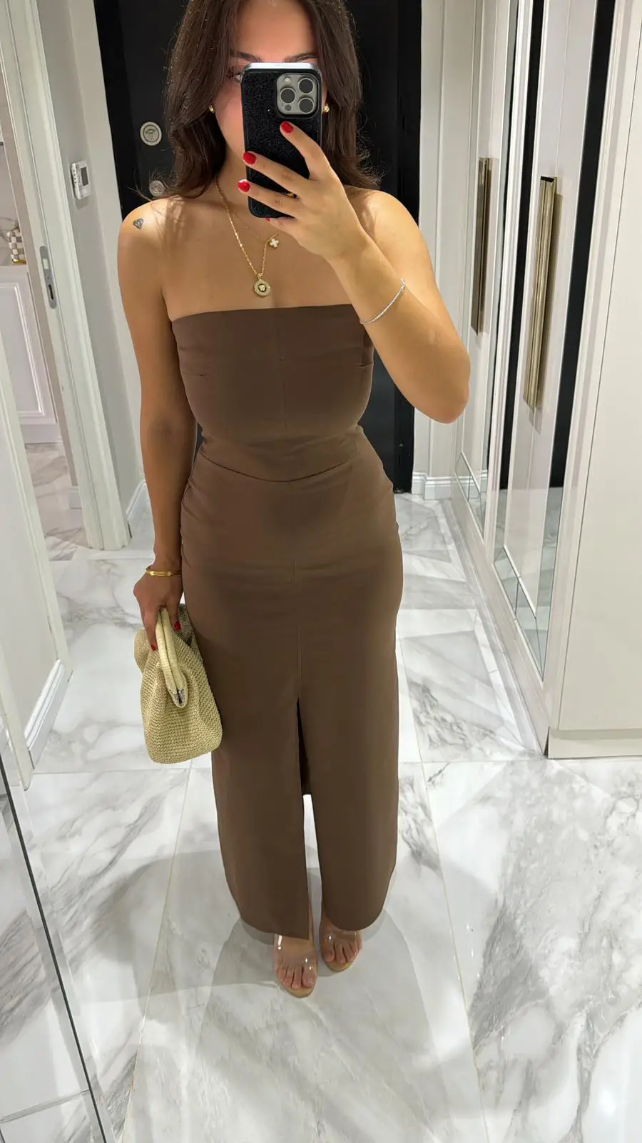 DİLVİN STRAPLEZ KAHVE ELBİSE