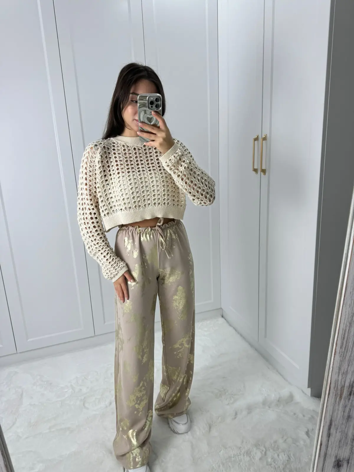 BASKILI HAFİF KUMAŞ PANTOLON KREM RENK