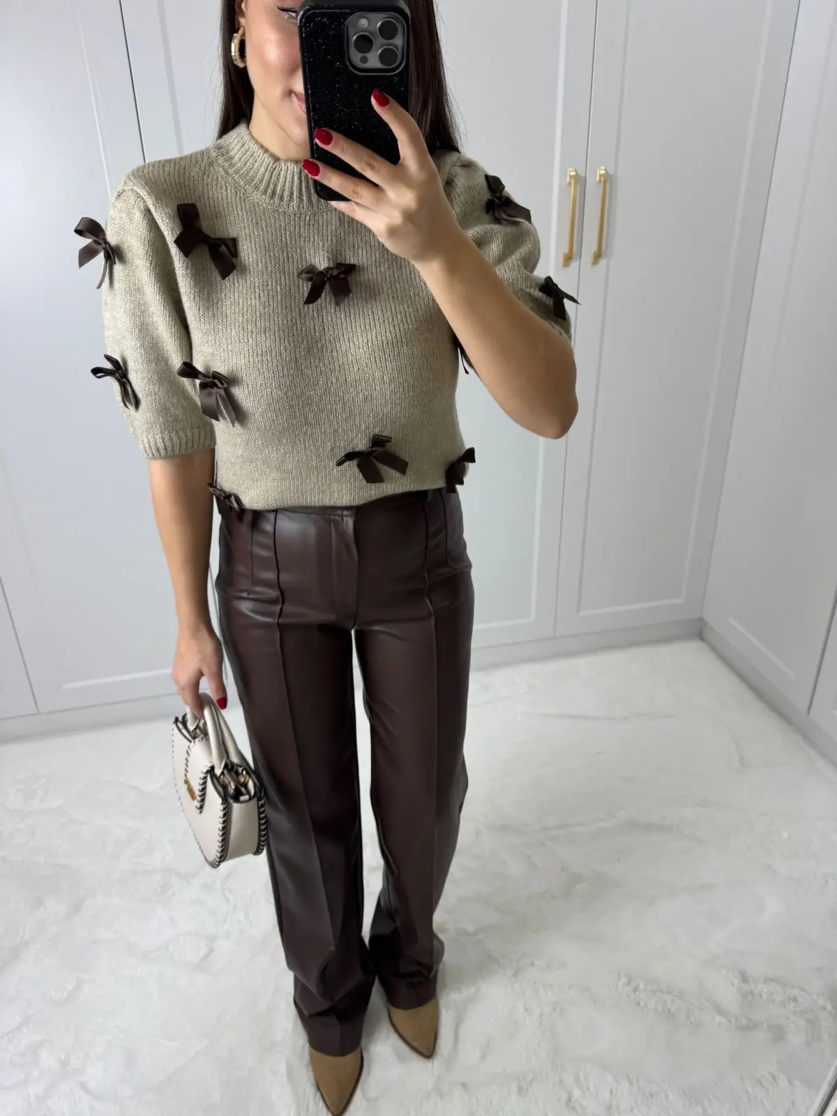 KURDALELİ KISA KOLLU KAZAK KAHVE RENK