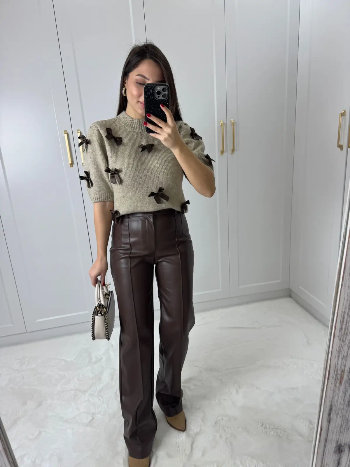 KURDALELİ KISA KOLLU KAZAK KAHVE RENK