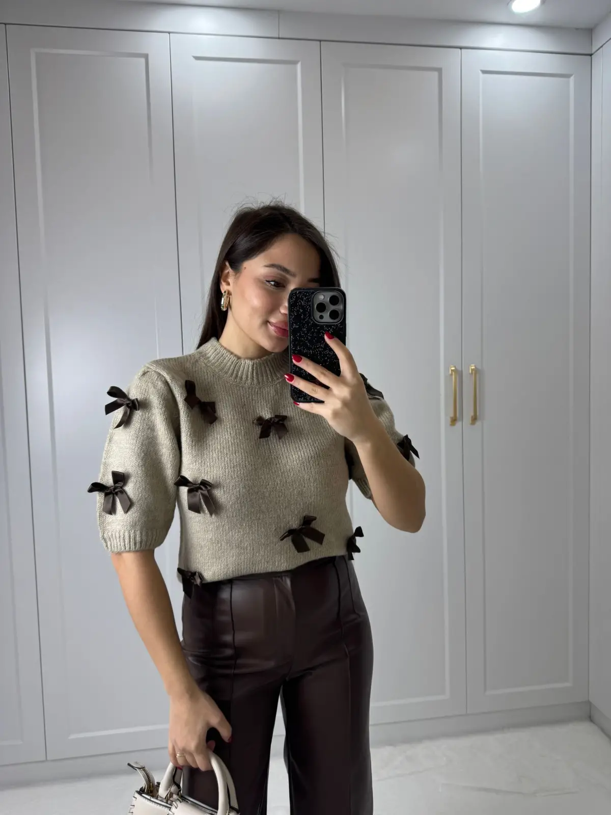 KURDALELİ KISA KOLLU KAZAK KAHVE RENK