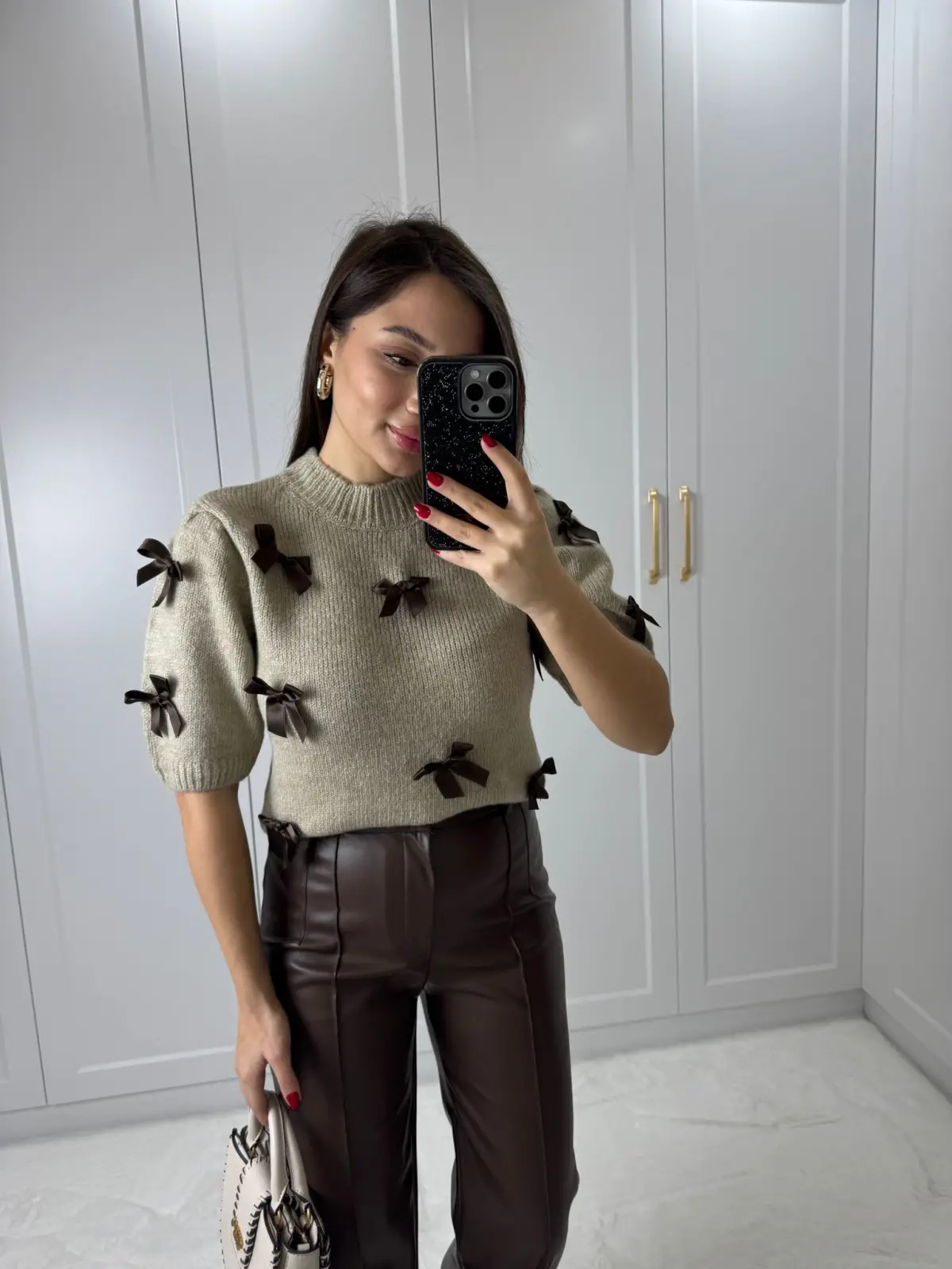 KURDALELİ KISA KOLLU KAZAK KAHVE RENK